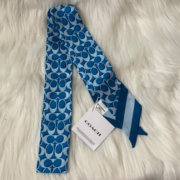 COACH Signature Print Silk Skinny Scarf Set in Electric Blue/Blue Green - Picture 2 of 5